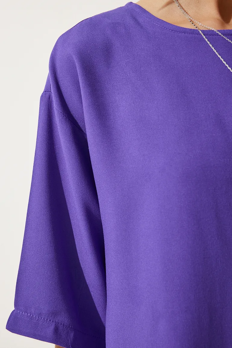 Women's Purple Crew Neck Flowy Viscose Blouse - 3
