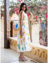 White Floral Print Cotton Tiered Midi Dress - 1