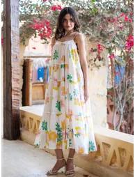 White Floral Print Cotton Tiered Midi Dress