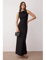 Black Accessory Detailed Woven Maxi Evening & Graduation Dress