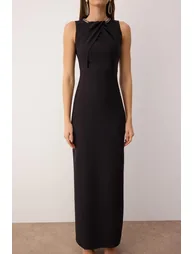 Black Accessory Detailed Woven Maxi Evening & Graduation Dress - 2
