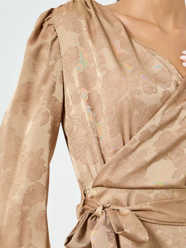Beige Jacquard Wrap Midi Dress - 3