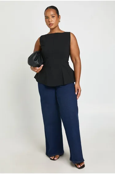 Plus Slash Neck Peplum Corset - black