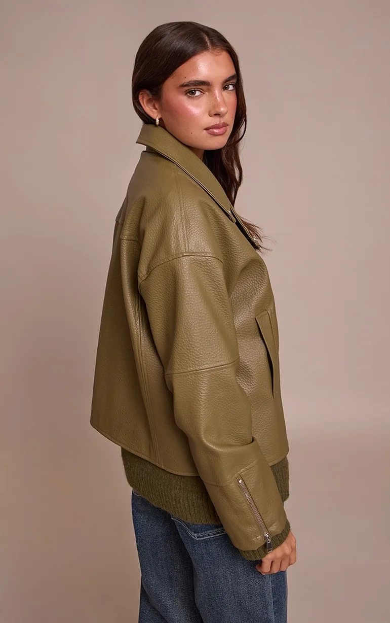 Olive Faux Leather Oversized Biker Jacket - 1