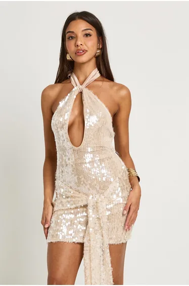 Halterneck Sequin Wrap Front Mini Dress - nude