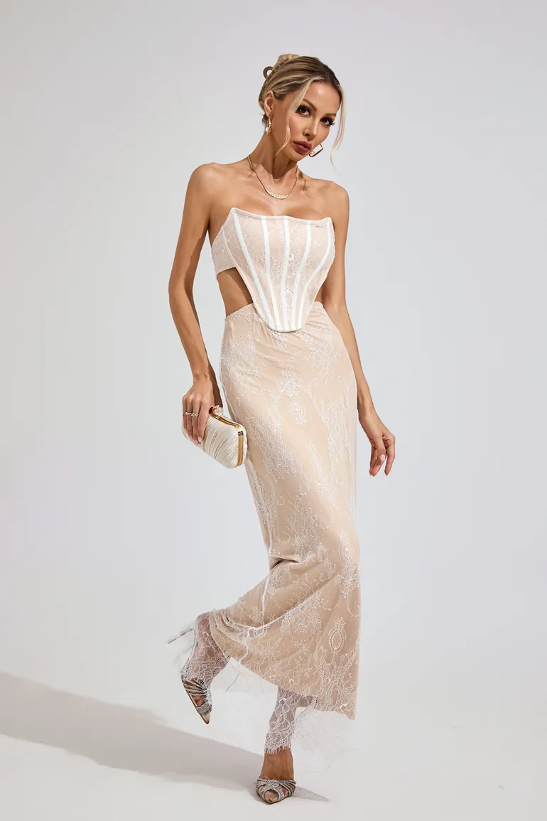 Una Apricot Lace Off-Shoulder Dress - 2