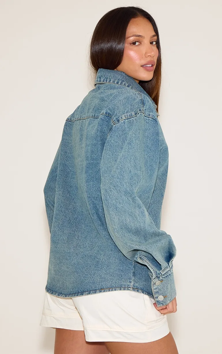 Tall Vintage Balloon Sleeve Curved Hem Denim Shirt - 2