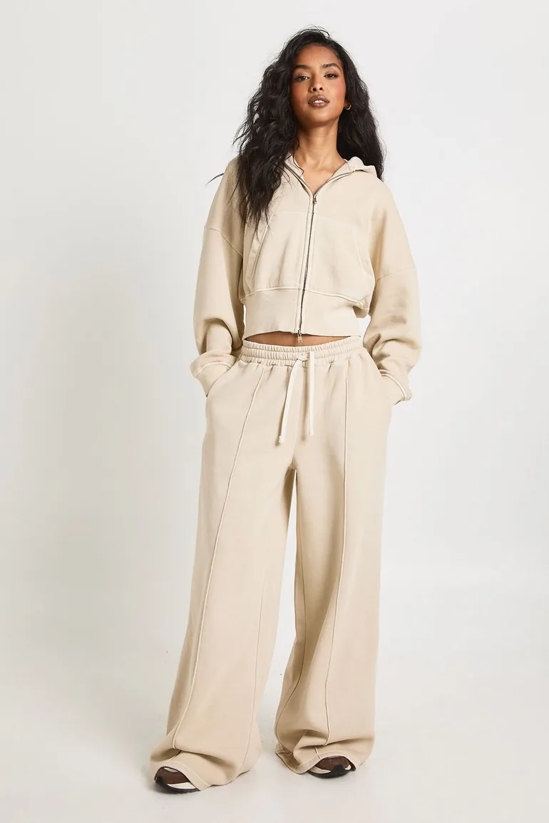 Washed Cinched Waist Double Zip Hoodie Tracksuit - stone