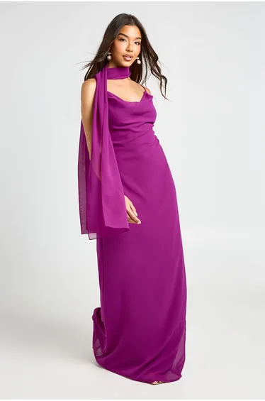 Chiffon Cowl Neck Maxi Dress With Scarf - violet