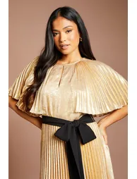 Petite Coast Muse Pleated Cape Detail Metallic Maxi Dress With Tie - 3