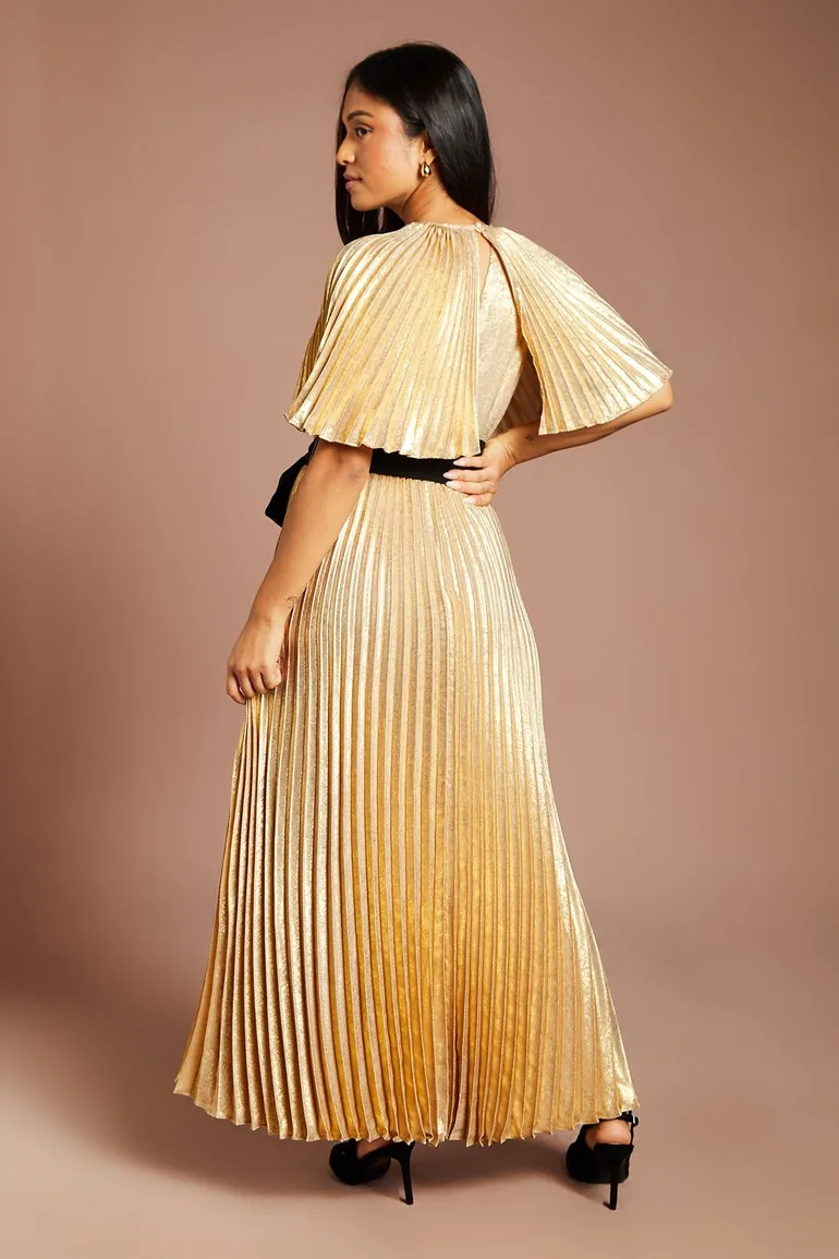 Petite Coast Muse Pleated Cape Detail Metallic Maxi Dress With Tie - 2