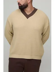 Plus Oversized Knitted Contrast V-Neck Jumper - ecru