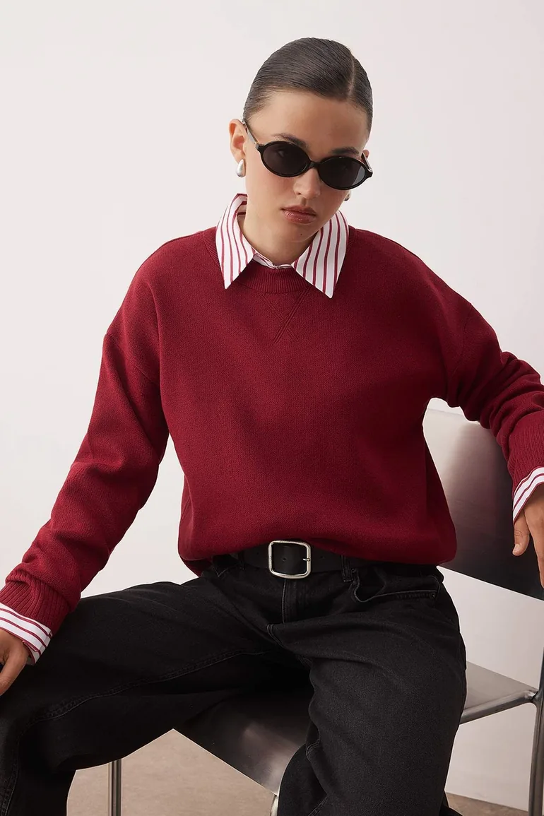 Red Viscose Content Wide Pattern Basic Knit Sweater - 1