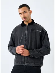 Men Black Denim Jacket with Corduroy Collar - 2