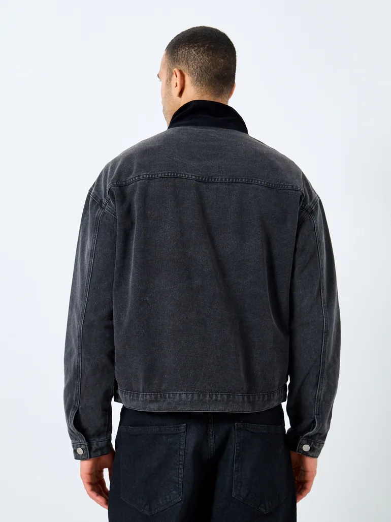 Men Black Denim Jacket with Corduroy Collar - 4