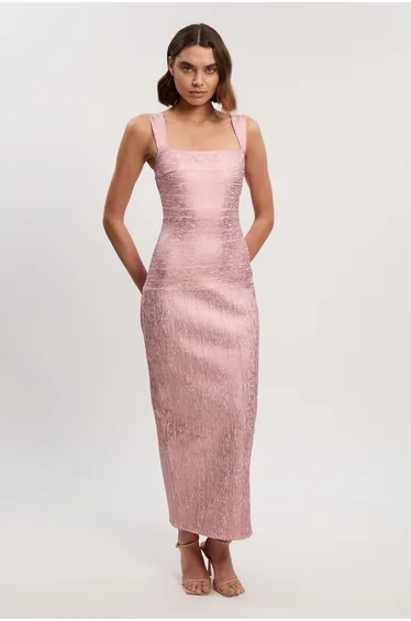 Foil Metallic Figure Form Strappy Knit Maxi Dress