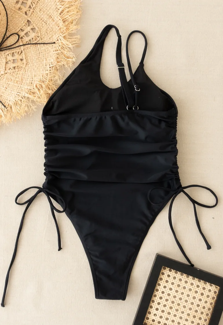 Drawstring Side One-Piece Swimsuit in Black - 4