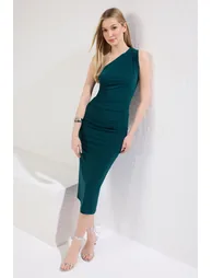 Emerald Green Plain One Shoulder Draped Fitted/Fits Body Stretch Knit Dress - 1