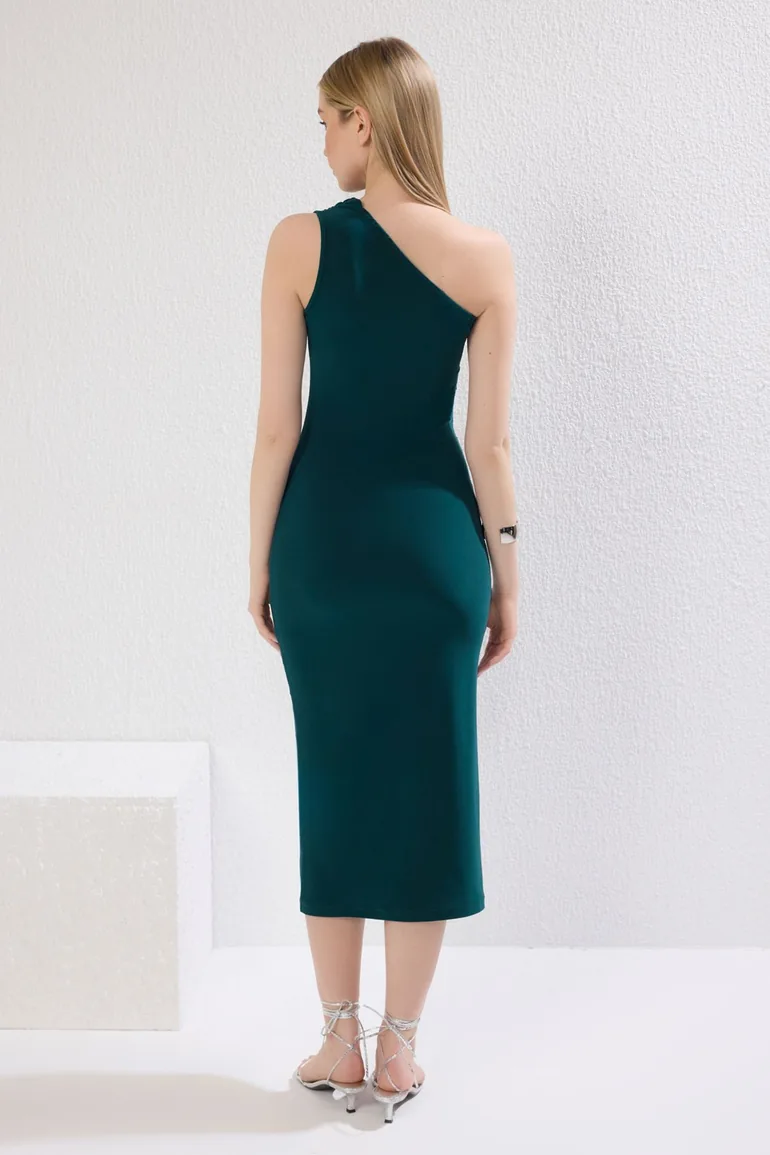 Emerald Green Plain One Shoulder Draped Fitted/Fits Body Stretch Knit Dress - 3