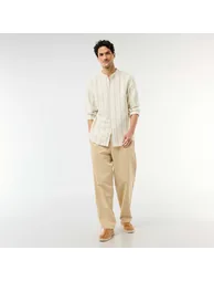 Striped Mao Collar Shirt with Roll-Up Sleeves GREEN