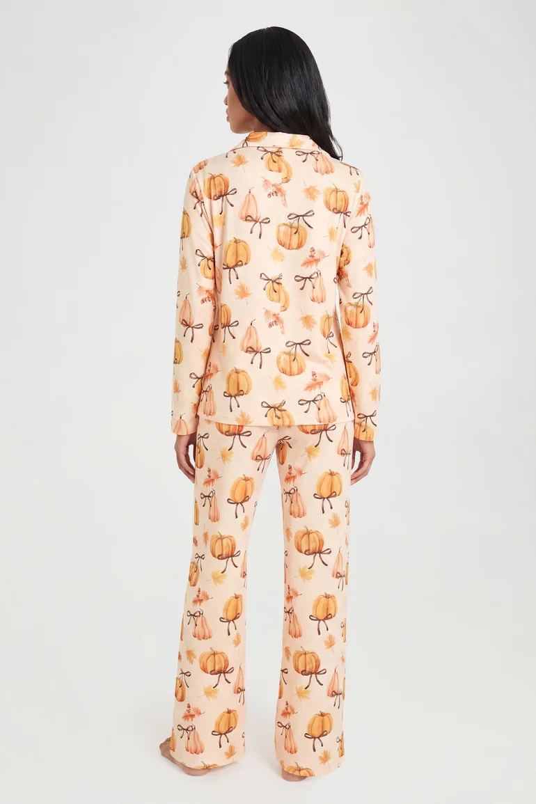 Autumnal Pumpkin and Bow Print Long Sleeve & Trouser Pyjama Set - peach - 1