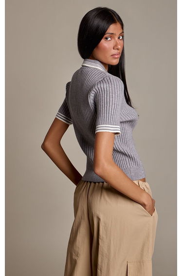 Grey Contrast Stripe Ribbed Knit Polo product thumbnail 3