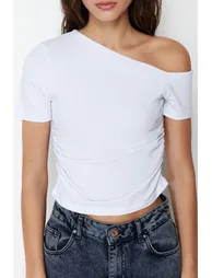 White Gathered Asymmetric Collar Flexible Knitted Blouse - 3