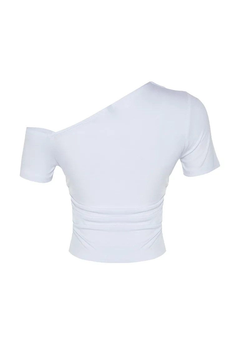 White Gathered Asymmetric Collar Flexible Knitted Blouse - 7