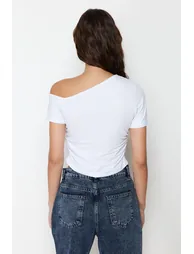 White Gathered Asymmetric Collar Flexible Knitted Blouse - 5