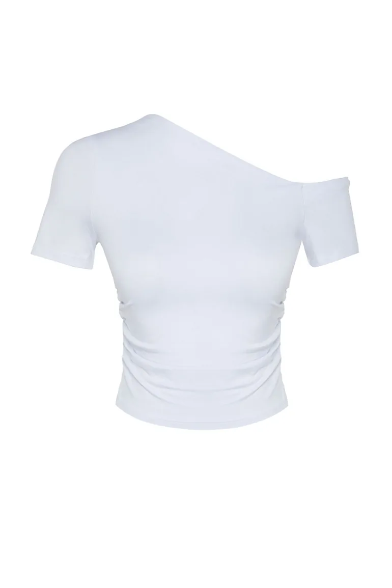 White Gathered Asymmetric Collar Flexible Knitted Blouse - 6