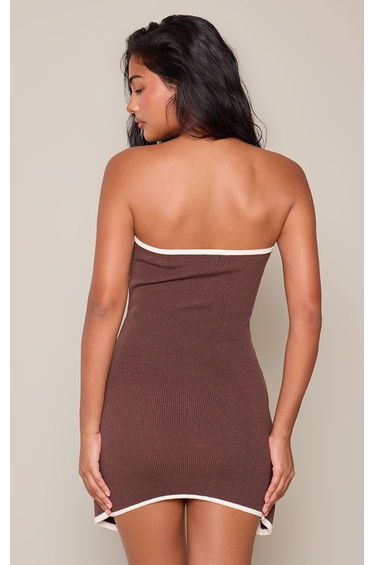 Chocolate Contrast Piping Tie Skirt Overlay Detail Knitted Mini Dress product thumbnail 3