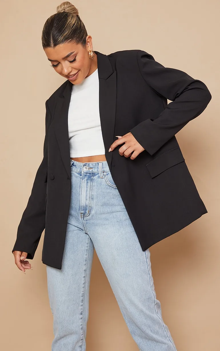 Black Double Pocket Detail Double Breasted Blazer