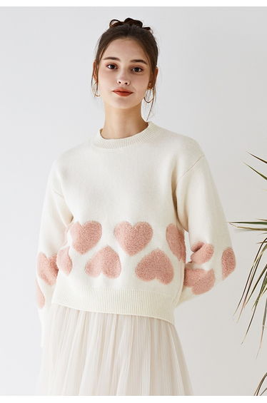 Tender Fuzzy Heart Jacquard Knit Sweater in Ivory product thumbnail 2