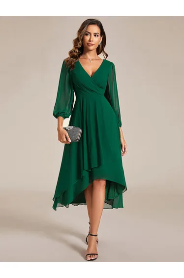 ever BRIAR|3/4 Sleeves Asymmetrical Hem A-Line Midi Wedding Guest Dress