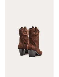 Chocolate Faux Suede Embroidered Western Ankle Boots - 3