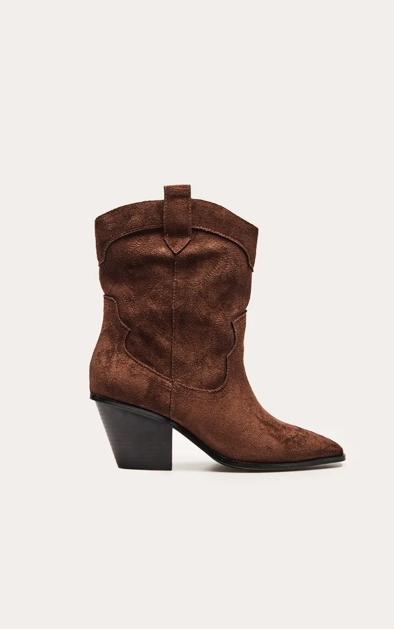 Chocolate Faux Suede Embroidered Western Ankle Boots - 1