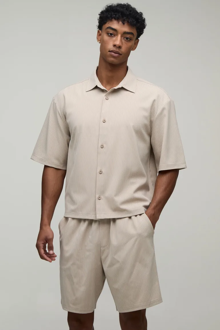 Pinstripe Boxy Oversized Shirt & Short Set - taupe