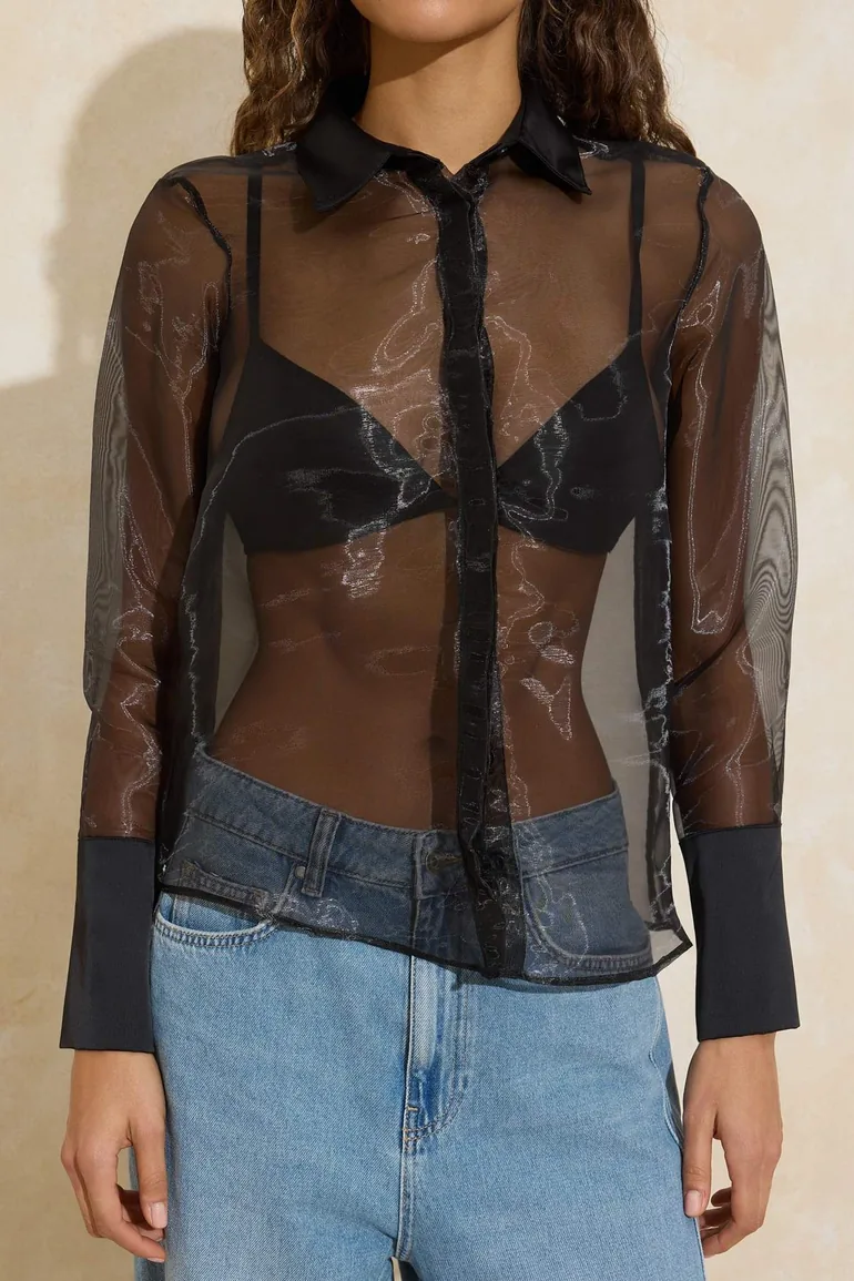 Black Organza Wide Cut Unlined Party Shirt - 3
