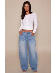 Petite Mid Blue Mid Rise Stretch Barrel Jeans