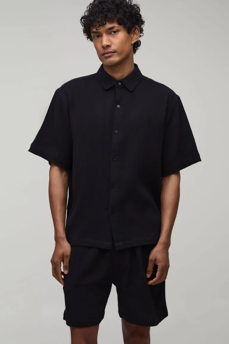 Cheesecloth Oversized Shirt & Baggy Short Set - black - 1