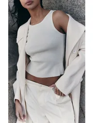 Cream Fine Knit  Racer Neck Top - 7