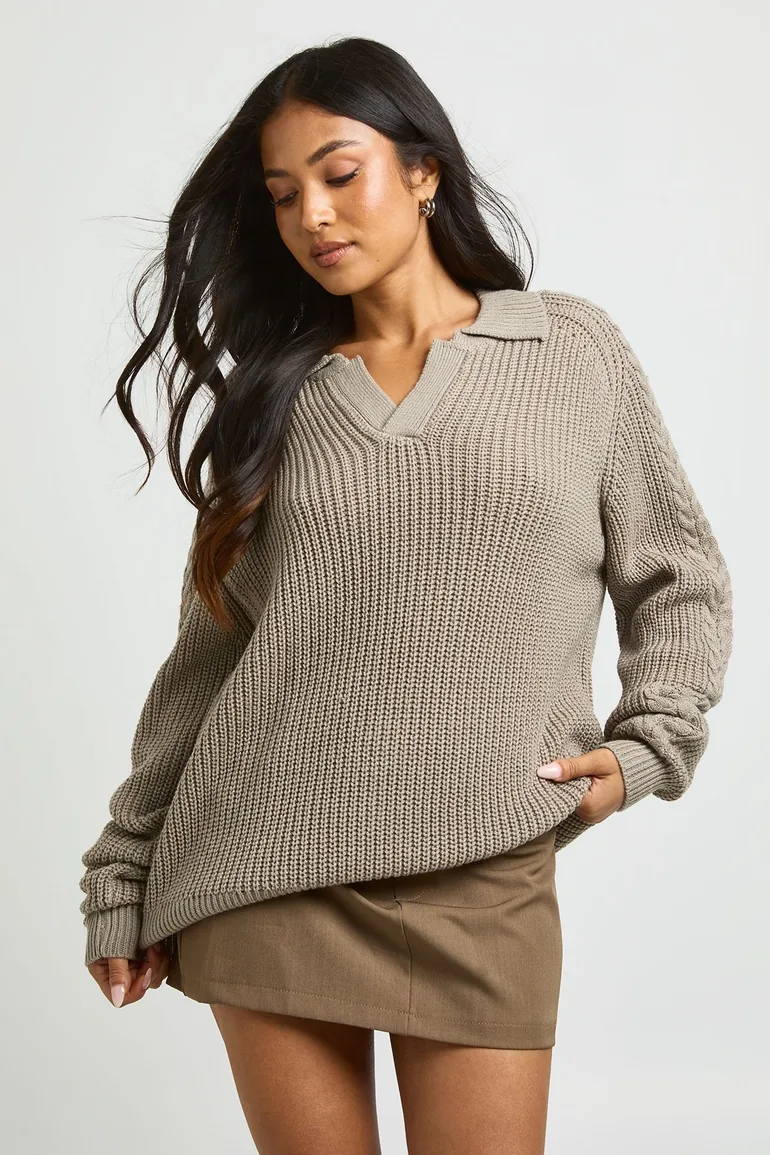 Tall Knit Collared V Neck Jumper - taupe - 1