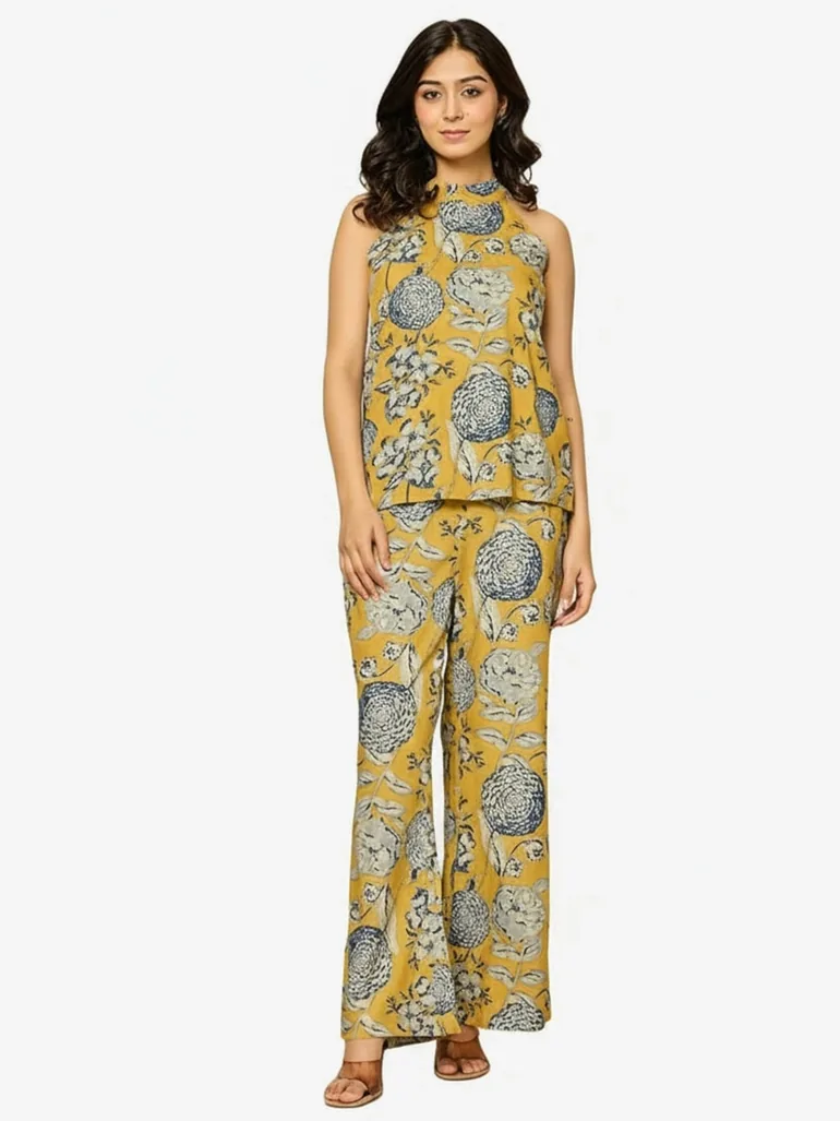 Women Yellow Viscose Printed Top and Pants Co-Ords