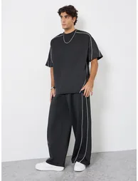 Men Black Oversized Piping Detail T-Shirt and Pants Co-Ords