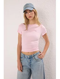 Light Pink Gathered/Draped Detailed Fitted Knitted Blouse = - 1
