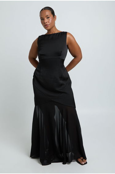 Plus Satin And Chiffon Mix Pleated Maxi Dress - black