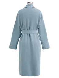 Notch Lapel Belted Longline Knit Cardigan in Blue - 11