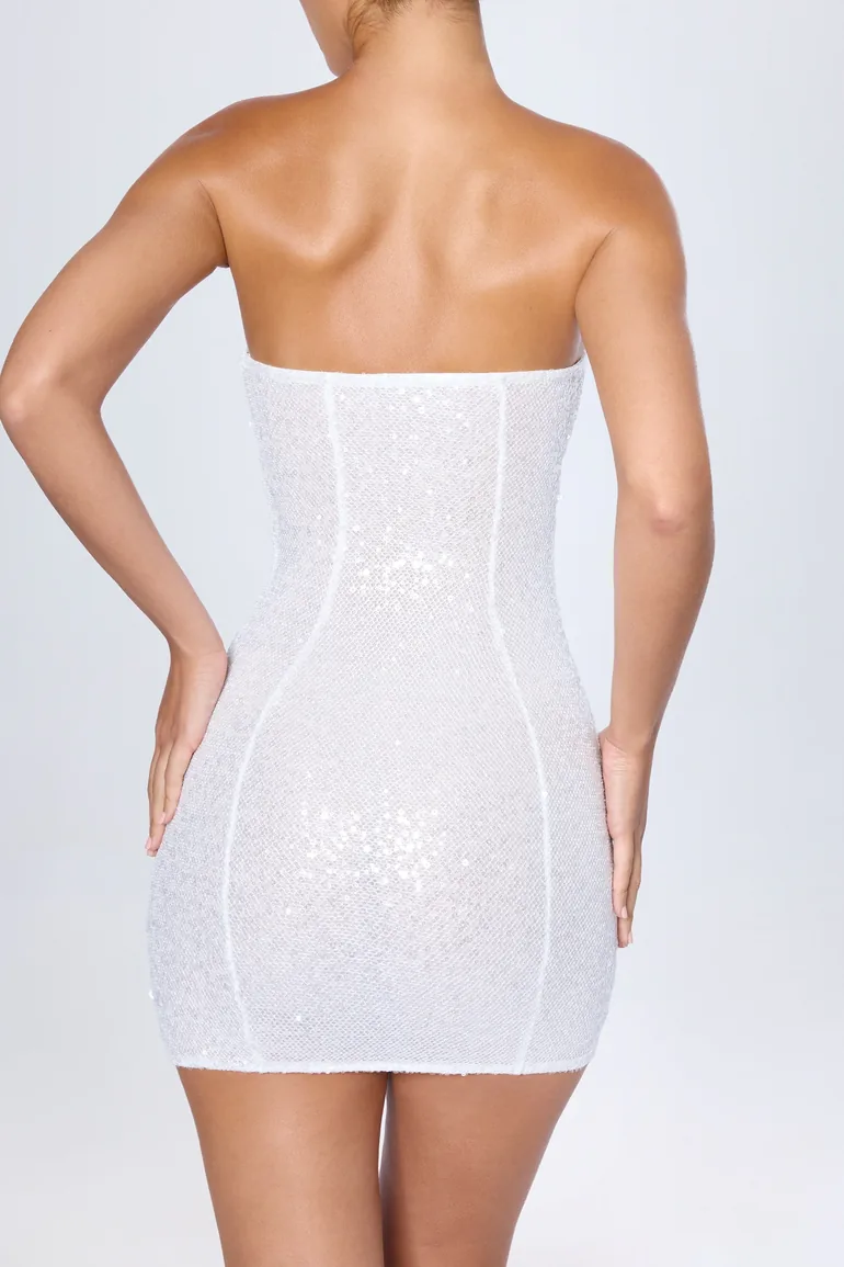 Embellished Bandeau Mini Dress in White - 1