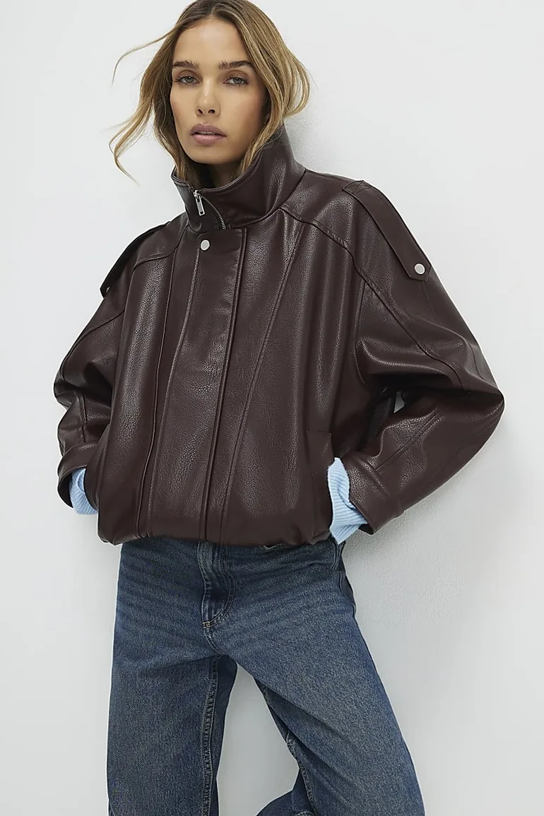 Brown Faux Leather Funnel Neck Jacket - 3