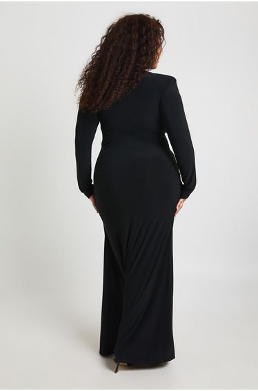 Plus Shoulder Pad Long Sleeve Draped Skirt Detail Maxi Dress - black product thumbnail 2